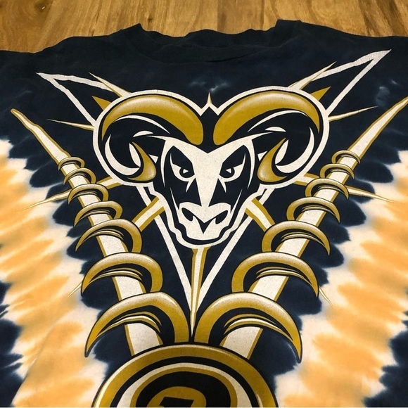 Vintage 90s Liquid Blue St Louis Rams Tie Dye Blue Gold V Stripes T-Shirt Large - Picture 3 of 8